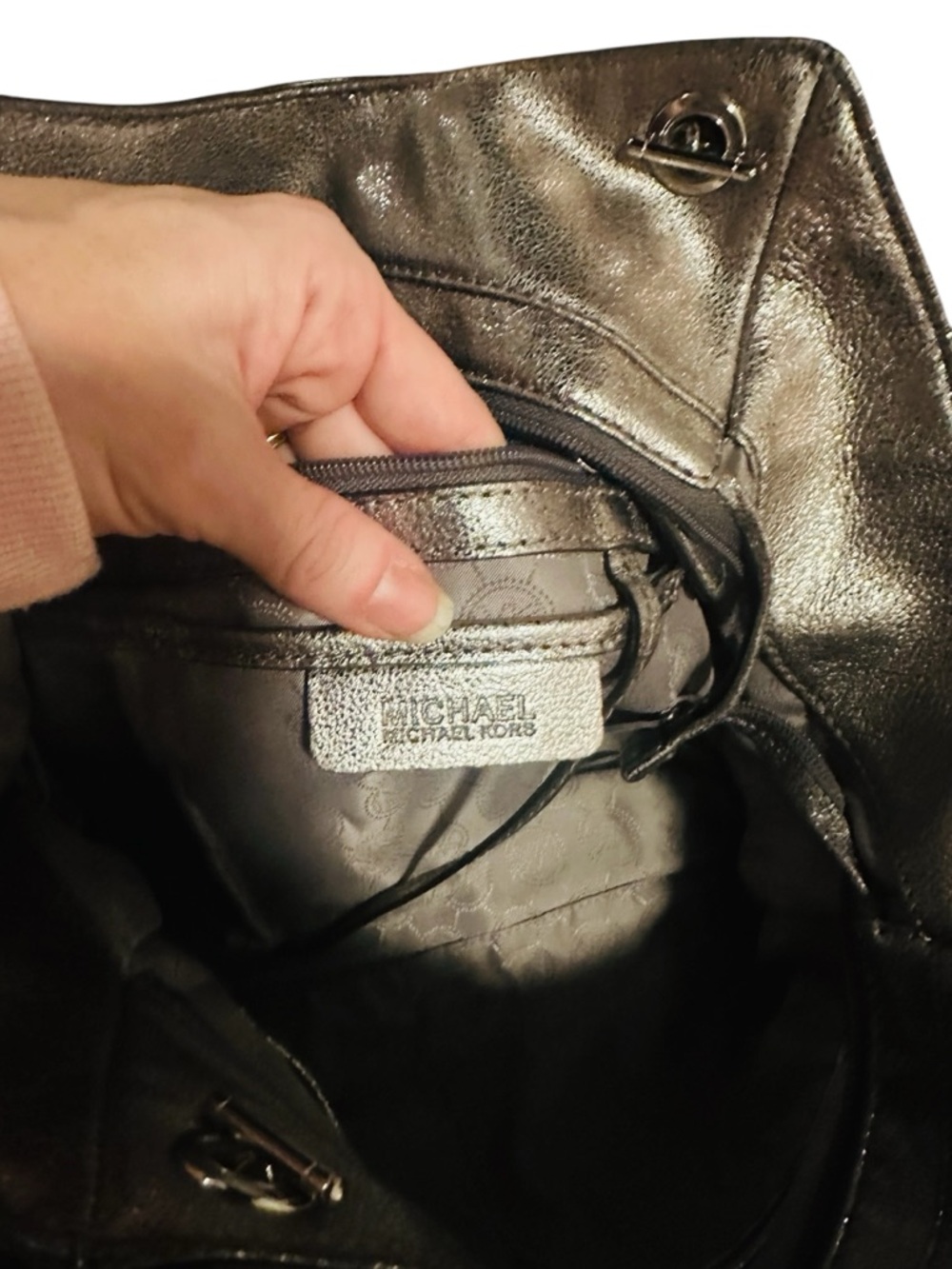 Michael Kors Metallic Silver Leather Shoulder Tote with Tassel - Picture 15 of 17